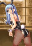  animal_ears ass bad_id bad_pixiv_id black_legwear blue_eyes blue_hair bunny_ears bunny_tail bunnysuit cup detached_collar drinking_glass fishnet_pantyhose fishnets from_behind nosa original pantyhose solo tail tray wine_glass wrist_cuffs 