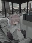  1girl absurdres ahoge animal_ears apartment arknights black_choker black_pantyhose blue_eyes blush building choker cityscape clarke149246 coat commentary_request couch cross finger_to_mouth fox_ears fox_girl fox_tail gloves grey_hair highres hood hood_down hooded_coat indoors long_hair long_sleeves looking_at_viewer medium_hair on_couch pantyhose red_cross reflective_floor shushing sitting skyscraper smile solo split_mouth sussurro_(arknights) table tail white_coat white_gloves 