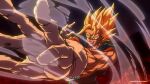  1boy blonde_hair blue_pants blue_sash blue_shirt colorized dragon_ball dragon_ball_super dragon_ball_super_broly dragon_ball_z gloves green_eyes highres male_focus medium_hair muscular muscular_male orange_shirt pants sash shirt solo spiked_hair super_saiyan super_saiyan_1 takahashi_yuuya twitter_username vegetto white_gloves 