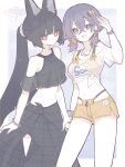  2girls :d absurdres animal_ear_fluff animal_ears belle_(zenless_zone_zero) black_hair breasts cleavage double-parted_bangs green_eyes hair_between_eyes heart highres holding_hands hoshimi_miyabi jewelry long_hair looking_at_viewer multiple_girls navel necklace ponytail red_eyes scrunchie see-through_clothes shorts smile zenless_zone_zero zzzii0 