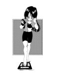 1girl bike_shorts dragon_ball dragon_ball_z fenyon full_body halftone highres long_hair monochrome solo sports_bra videl 