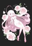  1girl absurdres barefoot big_hair black_background breasts choker colored_extremities covered_navel covered_nipples detached_sleeves dress flower highres kuroiro_otento legs long_hair looking_at_viewer medium_breasts original personification petals pink_choker pink_dress pink_eyes pink_flower pink_hair pink_rose rose rose_petals short_dress simple_background solo strapless strapless_dress thigh_strap tight_clothes wide_sleeves 
