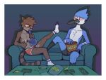 2022 adventure_time anthro avian bird blue_body blue_feathers blue_jay bong border boxer_briefs boxer_briefs_only brown_body brown_fur cartoon_network chest_tuft chips_(food) clothed clothing collarbone controller corvid countershade_torso countershading digital_drawing_(artwork) digital_media_(artwork) drugs duo english_description feathers food footwear fur furniture game_controller hi_res jake_the_dog jay_(bird) lighter looking_at_another male mammal marijuana mordecai_(regular_show) new_world_jay oscine passerine peridot_(steven_universe) procyonid raccoon rammytheram regular_show rigby_(regular_show) sega sega_master_system sitting socks sofa steven_universe stoned substance_intoxication table tail topless topless_anthro topless_male tuft tv_remote underwear underwear_only white_border winged_arms wings
