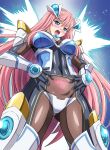  1girl armor ass_visible_through_thighs asu_(hengaya) black_bodysuit black_gloves blue_eyes blush bodystocking bodysuit breasts covered_navel cowboy_shot divine_heart_makina energy_wings from_below gloves hair_ornament hands_on_own_hips headgear highres impossible_bodysuit impossible_clothes kurusu_makina large_breasts long_hair looking_at_viewer looking_down magical_girl mecha_musume open_mouth pink_hair pubic_tattoo shiny_clothes shoulder_armor skin_tight solo standing tattoo variant_set very_long_hair wings 