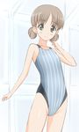  aki_(girls_und_panzer) bare_arms bare_shoulders blush brown_hair competition_swimsuit flat_chest girls_und_panzer green_eyes looking_at_viewer one-piece_swimsuit simple_background smile solo standing striped striped_swimsuit swimsuit takafumi 