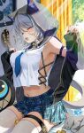  1girl ^_^ animal animal_ears black_jacket blue_necktie blue_skirt breasts cat cat_ears cat_girl cat_tail cipher_(honkai:_star_rail) closed_eyes commentary_request curtains grey_hair highres honkai:_star_rail honkai_(series) hood indoors jacket kabu_usagi large_breasts navel necktie open_mouth plaid_clothes plaid_skirt shirt sitting skirt solo tail thigh_strap translation_request white_shirt window zettai_ryouiki 