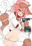  1girl animal_ears animal_hands ass belt belt_collar blush breasts brown_gloves brown_shoes cat_paw cleavage collar drill fang fate/grand_order fate_(series) fox_ears fox_girl fox_tail gloves hair_between_eyes highres large_breasts long_hair looking_at_viewer maid_headdress open_mouth panties paw_gloves paw_shoes pink_hair red_belt red_collar rottenweiler shirt shoes short_sleeves simple_background skin_fang smile solo sparkle tail tamamo_(fate) tamamo_cat_(fate) thighhighs thighs tooth toothbrush underwear white_background white_panties white_shirt white_thighhighs yellow_eyes 