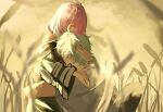  1boy 1girl ahoge black_coat coat commentary cyrene_(honkai:_star_rail) grey_shirt hair_ornament highres honkai:_star_rail honkai_(series) hug kam_(kam_nlfa) outdoors phainon_(honkai:_star_rail) pink_hair shirt short_hair wheat wheat_field white_hair 