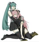  2girls ^_^ aqua_hair aqua_nails aqua_trim arm_tattoo armband baejaan0 black_boots black_shirt black_skirt black_sleeves black_thighhighs blue_eyes blue_nails blush boots brown_boots closed_eyes collared_shirt detached_sleeves frilled_shirt_collar frills full_body gold_trim grey_shirt hand_on_another&#039;s_arm hand_on_another&#039;s_head happy hatsune_miku headset high_collar highres kneeling long_hair long_skirt long_sleeves looking_ahead megurine_luka midriff_peek motion_lines multiple_girls navel number_tattoo one_eye_closed open_mouth petting pink_hair pleated_skirt see-through_clothes see-through_sleeves shirt side_slit skirt sleeveless sleeveless_shirt smile sweatdrop tattoo thigh_boots thighhighs vocaloid white_background zettai_ryouiki 