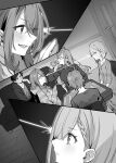  2boys 3girls blush braid brother_and_sister closed_mouth commentary_request drawstring dress earrings eye_contact glasses greyscale hair_between_eyes hair_over_one_eye hood hood_down hoodie indoors jewelry kageishi_sumire kohinata_iroha_(imouuzai) kohinata_ozuma long_hair long_sleeves looking_at_another monochrome multiple_boys multiple_girls novel_illustration official_art ooboshi_akiteru open_mouth short_hair siblings sitting smile tomari_(veryberry00) tomodachi_no_imouto_ga_ore_ni_dake_uzai tsukinomori_mashiro 