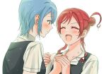  2girls blue_hair blush closed_eyes closed_mouth collared_shirt colored_eyelashes earrings facing_another hair_bun hand_grab hands_up highres idgukgu jewelry looking_at_another love_live! love_live!_superstar!! multiple_girls open_mouth red_eyes red_hair school_uniform shirt short_hair short_hair_with_long_locks short_sleeves simple_background single_hair_bun smile stud_earrings upper_body wakana_shiki wet wet_clothes white_background yoneme_mei yuigaoka_school_uniform 