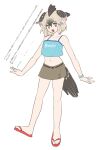  1girl adapted_costume bare_shoulders bird_girl bird_tail bird_wings blue_shirt brown_hair chicha_riboni collarbone feather_hair_ornament feathers flip-flops full_body greater_roadrunner_(kemono_friends) grey_hair grey_skirt hair_between_eyes hair_ornament head_wings highres kemono_friends midriff multicolored_hair navel open_mouth pencil_skirt red_sandals sandals shirt short_hair sidelocks skirt sleeveless smile solo spaghetti_strap tail tank_top translation_request wings wristband yellow_eyes 