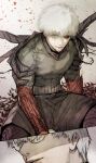  2boys arima_kishou black_sclera black_shirt black_shorts blood blood_on_face colored_sclera falling_petals floating flower glasses grey_eyes heterochromia highres kagune_(tokyo_ghoul) kaneki_ken leaf light_smile looking_at_another looking_at_viewer male_focus mismatched_sclera multiple_boys one_eye_covered partially_shaded_face petals red_eyes shadow shirt short_hair shorts stfr_(stfr_kaz) tokyo_ghoul tokyo_ghoul:re white_background white_hair 