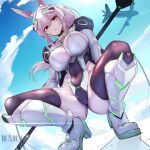  1girl absurdres aircraft airplane animal_ears armor artist_name black_thighhighs blue_sky boots borrowed_character breasts cleavage cloud commentary_request covered_navel day from_below headgear high_heel_boots high_heels highres holding holding_polearm holding_weapon large_breasts leotard long_hair looking_at_viewer magical_girl mecha_musume mechanical_ears natsukaze_shigure original outdoors parted_lips polearm ponytail rabbit_ears rabbit_selena_(hiruno) red_eyes shiny_clothes shoulder_armor skin_tight sky solo squatting thighhighs weapon white_hair yuina_(hiruno) 