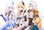  4girls absurdres aged_down arm_guards asymmetrical_gloves bare_shoulders black_gloves black_thighhighs blonde_hair blue_eyes breasts dress durandal_(honkai_impact) durandal_(reign_solaris)_(honkai_impact) elbow_gloves fingerless_gloves genshin_impact gloves hair_between_eyes hand_up highres honkai_(series) honkai_impact_3rd jacket looking_at_another looking_at_viewer mihoyo multiple_girls noto_mamiko open_clothes open_jacket open_mouth own_hands_clasped own_hands_together parted_lips pink_eyes rinna_(xxrinna) simple_background single_thighhigh sitting skirk_(genshin_impact) smile thighhighs uneven_gloves voice_actor_connection white_background white_dress white_hair white_thighhighs yellow_eyes yixuan_(zenless_zone_zero) zenless_zone_zero 