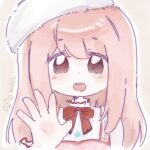  1girl beret bloom_poetry_(shining_nikki) blush_stickers boots bow bowtie brown_boots brown_eyes chibi clothes_writing collared_shirt dot_nose dress fei_tianda_zhangyu frilled_shirt_collar frilled_sleeves frills fur_hat hand_up hat highres long_hair long_sleeves nikki_(nikki) nikki_(series) open_mouth outline pinafore_dress pink_dress pink_hair red_bow red_bowtie shining_nikki shirt sidelocks signature simple_background sleeveless sleeveless_dress smile solo straight-on striped_clothes striped_shirt tareme teeth upper_body upper_teeth_only vertical-striped_clothes vertical-striped_shirt waving white_hat white_outline white_shirt 