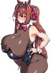  1girl absurdres alternate_breast_size alternate_costume animal_ears antenna_hair bare_shoulders black_leotard bow bowtie breasts brown_hair brown_pantyhose closed_mouth commentary daiwa_scarlet_(umamusume) hair_between_eyes hair_bow hair_intakes hands_on_own_hips highres horse_ears horse_girl horse_tail huge_breasts leotard long_hair looking_at_viewer nontraditional_playboy_bunny pantyhose red_bow red_bowtie red_eyes simple_background solo tail tiara twintails umamusume white_background yuki_usagi_(agtd5758) 
