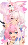  2girls ;) blue_eyes commentary cyrene_(honkai:_star_rail) e_e332 fluffy_tail hair_intakes hair_ornament heart highres honkai:_star_rail honkai_(series) march_7th_(honkai:_star_rail) march_7th_(preservation)_(honkai:_star_rail) medium_hair mem_(honkai:_star_rail) multicolored_eyes multicolored_hair multiple_girls one_eye_closed open_mouth pink_fur pink_hair pink_pupils smile star-shaped_pupils star_(symbol) symbol-only_commentary symbol-shaped_pupils two-tone_eyes two-tone_hair v white_hair 