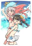  2girls :d ^_^ absurdres arm_up beach bikini black_hair blue_bikini blue_sky braid breasts brown_eyes closed_eyes cloud colored_inner_hair cropped_legs day dot_nose earrings flat_chest floating_hair flower grey_hair hair_flower hair_ornament hairclip haruyuki_(gffewuoutgblubh) hat hat_flower highres jewelry lifting_person light_blush long_hair looking_at_viewer medium_breasts multicolored_hair multiple_girls navel ocean onii-chan_wa_oshimai! open_mouth outdoors oyama_mahiro oyama_mihari pink_bikini pink_hair purple_hair siblings side_braid single_braid sisters sketch skirt sky smile stomach sun_hat swimsuit twintails two-tone_hair white_skirt 