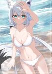  1girl ahoge animal_ear_fluff animal_ear_piercing animal_ears arm_up armpits bare_arms bare_shoulders beach bikini blue_eyes blush breasts cleavage closed_mouth collarbone fox_ears fox_girl fox_tail groin hair_between_eyes highres hololive large_breasts long_hair navel o-ring o-ring_bikini o-ring_top shirakami_fubuki smile solo stomach swimsuit tail white_hair yuriru 