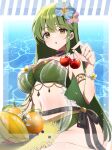  1girl absurdres armlet azusa_(azchemist63) bare_shoulders bikini black_choker breasts cherry choker cleavage criss-cross_halter fire_emblem fire_emblem_echoes:_shadows_of_valentia fire_emblem_heroes flower food fruit green_bikini green_eyes green_hair hair_flower hair_ornament halterneck highres holding holding_food holding_fruit jewelry large_breasts long_hair mango navel official_alternate_costume palla_(fire_emblem) palla_(summer)_(fire_emblem) sarong see-through_clothes see-through_sarong solo stomach swimsuit water 