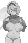  1girl absurdres ahoge black_survival breasts closed_mouth clothes_lift eternal_return:_black_survival eyepatch grey_hair hairband highres inverted_nipples large_breasts lifting_own_clothes looking_at_viewer navel panties short_hair sissela_kyle sleeves_past_wrists solo stomach sweater sweater_lift underwear white_background yep_(37004185) 