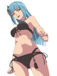  1girl bikini black_bikini blue_hair breasts chiharu_(9654784) eiyuu_densetsu front-tie_bikini_top front-tie_top groin highres hime_cut kai_no_kiseki kuro_no_kiseki_(series) long_hair looking_at_viewer medium_breasts midriff nail_polish navel open_mouth risette_twinings simple_background smile solo swimsuit white_background yellow_eyes 