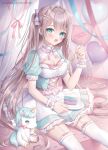  1girl :d apron balloon blush bow breasts brown_hair cake cake_slice cleavage commentary_request dress feet_out_of_frame food fork frilled_dress frilled_thighhighs frills garter_straps green_bow green_dress green_eyes hair_between_eyes hair_bow heart_balloon highres holding holding_fork holding_plate kohinata_hoshimi long_hair looking_at_viewer medium_breasts original pink_bow plate puffy_short_sleeves puffy_sleeves purple_bow short_sleeves sitting smile solo stuffed_unicorn thighhighs two_side_up very_long_hair waist_apron white_apron white_thighhighs 