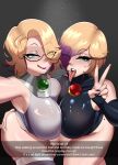  2girls absurdres black_leotard black_nails blue_eyes cosplay dc_comics english_text geema_(qiya) glasses green_eyes hair_over_one_eye highres karen_(qiyarts) leotard looking_at_viewer mole mole_under_eye mother_and_daughter multicolored_hair multiple_girls open_mouth original purple_lips purple_streaks qiya raven_(dc) raven_(dc)_(cosplay) semi-rimless_eyewear starfire starfire_(cosplay) streaked_hair tongue tongue_out under-rim_eyewear v 
