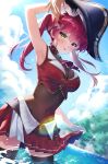 1girl :p absurdres arm_up armpits ascot bicorne black_hat black_thighhighs breasts brooch cheez3shake cloud covered_navel cropped_jacket cumulonimbus_cloud day frilled_shirt_collar frills gloves gold_trim hair_ribbon hat heterochromia highres hololive houshou_marine houshou_marine_(1st_costume) jacket jewelry lace-trimmed_legwear lace_trim large_breasts leather_belt leotard leotard_under_clothes long_hair looking_at_viewer miniskirt open_mouth outdoors pirate_hat pleated_skirt red_ascot red_eyes red_hair red_jacket red_ribbon red_skirt ribbon see-through_cleavage see-through_clothes see-through_leotard skirt skirt_hold sleeveless sleeveless_jacket solo thighhighs tongue tongue_out twintails virtual_youtuber wading white_gloves yellow_eyes 