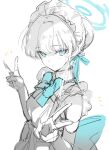  1girl apron aqua_bow blue_archive blue_bow blue_eyes blue_halo bow bowtie double_v dress halo highres light_blush long_sidelocks looking_at_viewer maid maid_headdress monochrome ouri_(aya_pine) sidelocks simple_background sketch solo spot_color toki_(blue_archive) unfinished v white_background 