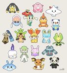  black_eyes blue_eyes bronzong buizel chansey chespin colored_sclera fennekin floette floette_(red_flower) flower froakie gardevoir goomy grey_background helioptile highres honedge inkay kumo_o_o leavanny litwick mantyke oshawott pancham pink_eyes pokemon pokemon_(creature) raichu red_eyes red_flower signature simple_background smile stuffed_toy togekiss yellow_eyes yellow_sclera 