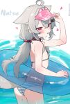  animal_ears bikini blue_innertube breasts collar ears_down extra_ears fang fenrir_(fenriluuu) grey_bikini grey_hair hair_ornament hairclip halterneck highres long_hair looking_at_viewer low_twintails original parallel_hairclips red_collar rir-chan skin_fang small_breasts striped_bikini striped_clothes swimsuit tail twintails visor_cap wolf_ears wolf_girl wolf_tail 
