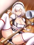  1girl anchor_choker apron are_you_333 azur_lane black_dress bow bow_panties breasts bucket bucket_of_water bucket_spill choker cleavage commentary_request dress feet_out_of_frame framed_breasts frilled_apron frilled_choker frilled_dress frills hair_between_eyes highres indoors lace-trimmed_panties lace_trim large_breasts light_blush lying m_legs maid mop on_back one_eye_closed open_mouth panties pantyshot partial_commentary puddle puffy_short_sleeves puffy_sleeves red_bow red_eyes scrunchie short_dress short_sleeves signature sirius_(azur_lane) solo spill spread_legs thighhighs two-tone_dress underwear variant_set wet_floor white_apron white_dress white_hair white_panties white_scrunchie white_thighhighs wooden_floor wrist_scrunchie 