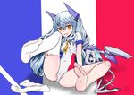  absurdres amy_(pixiv14175215) anchor barefoot blouse blush cameltoe cannon chain commentary_request feet flag_background flag_print french_flag headgear highres le_fantasque_(zhan_jian_shao_nyu) leotard long_hair looking_at_viewer necktie open_mouth personification pov_feet school_uniform silver_hair single_thighhigh smile solo thighhighs thighhighs_removed very_long_hair white_legwear yellow_eyes zhan_jian_shao_nyu 