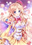  :d atelier_(series) atelier_meruru blonde_hair blue_eyes blush bow bowtie braid breasts cape cleavage cleavage_cutout cowboy_shot crown floral_print flower french_braid frilled_shirt_collar frills hand_on_own_cheek long_hair looking_at_viewer merurulince_rede_arls nogi_takayoshi open_mouth pleated_skirt red_bow simple_background skirt small_breasts smile solo very_long_hair yellow_skirt 
