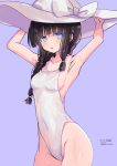  1girl absurdres armpits arms_up black_hair blue_eyes blunt_bangs braid breasts cowboy_shot grey_background hair_over_shoulder hat highleg highleg_one-piece_swimsuit highres hizaka kantai_collection kitakami_(kancolle) long_hair one-hour_drawing_challenge one-piece_swimsuit simple_background single_braid small_breasts solo sun_hat swimsuit wet white_hat white_one-piece_swimsuit 