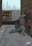 alley bodily_fluids brick city clothed clothing coffee_shop dumpster eyes_closed genital_fluids genitals graffiti hi_res male mammal mustelid otter partially_clothed peeing penis penis_tip road skyline solo street trash urine urine_stream wall_(structure) wild_strokes