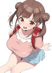  1girl absurdres backpack bag blush breasts brown_eyes brown_hair commentary_request double_bun from_above hair_bun highres idolmaster idolmaster_shiny_colors large_breasts looking_at_viewer miniskirt open_mouth pink_shirt pleated_skirt randoseru shirt simple_background skirt solo sonoda_chiyoko thighs twintails white_background zaza_(zahaoming) 
