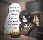  1girl birthday birthday_cake black_choker black_eyes black_hair black_shirt blunt_bangs brown_coat cake candle choker closed_mouth clothes_writing coat collarbone commentary english_commentary english_text food fur-trimmed_coat fur_trim glasses hair_ornament hairclip highres indoors jewelry looking_at_object looking_down medium_hair mikuneki necklace open_clothes open_coat original parallel_hairclips plate riyo_kaede_(mikuneki) sad semi-rimless_eyewear shirt silhouette solo table under-rim_eyewear window 