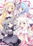  4girls :d :o ;d amairo_chocolata animal_ears apron black_gloves black_skirt blonde_hair blue_hair blue_kimono blush breasts brown_eyes cat_ears closed_mouth commentary dog_ears english_commentary frilled_apron frilled_gloves frills gloves grey_apron grey_eyes grey_hair grey_shirt grey_sleeves hair_between_eyes highres japanese_clothes juliet_sleeves kimono long_sleeves maid maid_apron medium_breasts misono_ichika momose_kaguya momose_mitsuki multiple_girls one_eye_closed parted_lips pink_apron pink_skirt puffy_short_sleeves puffy_sleeves purple_eyes rabbit_ears shiratama_(shiratamaco) shirt short_sleeves skirt smile two_side_up wa_maid white_hair white_shirt yellow_kimono yukimura_chieri 