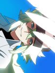  1boy baseball_cap black_hat blue_background green_eyes green_hair hat highres long_hair n_(pokemon) pokemon pokemon_bw shirt simple_background solo upper_body white_shirt zero_(sleepy_meltan) 