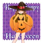  :p amanogawa_kirara bodypaint boo_(takagi) brown_hair choker covered_navel earrings english go!_princess_precure halloween hat highres jack-o'-lantern jewelry one_eye_closed precure purple_eyes solo swimsuit tongue tongue_out twintails witch_hat 