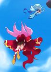  akagi_towa ass blue_hair cloud cure_mermaid cure_scarlet day flying go!_princess_precure haruyama_kazunori kaidou_minami long_hair magical_girl multiple_girls no_panties outstretched_arms pink_hair ponytail precure sky 