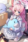 1girl :d absurdres ahoge alternate_costume apron black_shoes blue_archive blue_dress blue_eyes blush capry commentary dress from_above full-body_tattoo hair_flaps hair_intakes halo heterochromia highres hoshino_(blue_archive) huge_ahoge indoors inflatable_toy inflatable_whale long_hair long_sleeves looking_at_viewer maid_headdress open_mouth orange_eyes pink_hair pink_halo shoes sidelocks sitting smile solo stuffed_whale symbol-only_commentary tattoo thighhighs unworn_clothes unworn_shoe very_long_hair white_thighhighs 