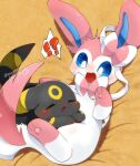  !? 2others blush blush_stickers closed_eyes drooling lying mouth_drool multiple_others on_back on_stomach open_mouth pokemon pokemon_(creature) pon_(nurunuruparty26) signature sleeping sleeping_on_pokemon surprised sylveon twitter_username umbreon wide-eyed 