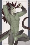  abs athletic athletic_male balls biceps black_sclera erection flat_colors genitals glans hi_res horn humanoid_genitalia humanoid_penis ksfrost line_art male nude penis red_eyes scalie solo tail vein veiny_balls veiny_penis 