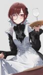  1girl absurdres apron black_bow bow brown_eyes brown_hair clothes_lift cup drinking_glass eimizzzzz expressionless flower frills gem hair_flower hair_ornament highres higuchi_madoka holding holding_tray idolmaster idolmaster_shiny_colors maid maid_apron mole mole_under_eye monocle nail_polish red_gemstone scrunchie simple_background skirt skirt_lift sleeves_past_wrists solo standing table thighhighs tray white_apron white_scrunchie wine_glass 