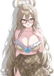  1girl absurdres akane_(blue_archive) bare_shoulders bikini blue_archive blush breasts brown_bikini brown_eyes brown_hair brown_halo brown_sarong cleavage collarbone floral_print frilled_bikini frills glasses hair_between_eyes halo hazaky highres large_breasts long_hair open_mouth round_eyewear sarong solo swimsuit v very_long_hair wavy_hair 