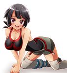  :d absurdres all_fours anklet backless_outfit bad_id bad_pixiv_id bare_shoulders black_hair blush breasts cleavage collarbone crawling full_body hanging_breasts higana_(pokemon) highres jewelry large_breasts looking_at_viewer open_mouth over-kneehighs pokemon pokemon_(game) pokemon_oras red_eyes sharumon short_hair short_ponytail short_shorts shorts smile solo tank_top thighhighs white_background 